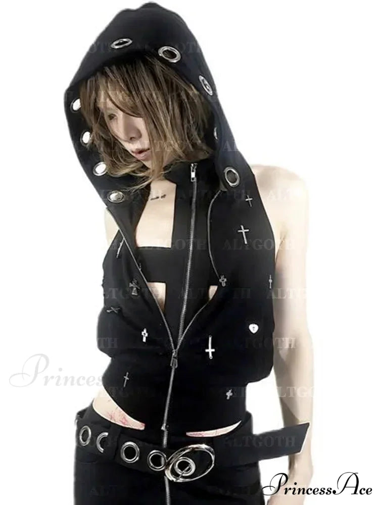 Streetwear Gothic Dark Vest Cyberpunk Cross Hooded Alt Grunge Crop Top Black / S