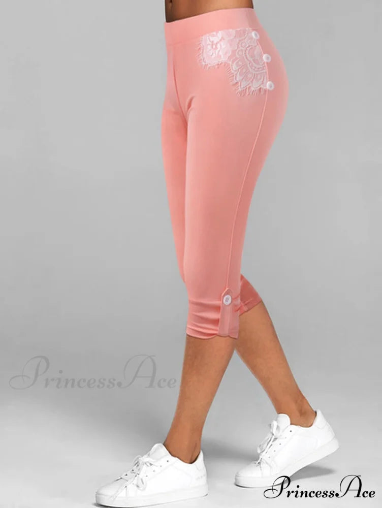 Streetwear Ladies Sportwear Lace Capris Yoga Pants Pink / S