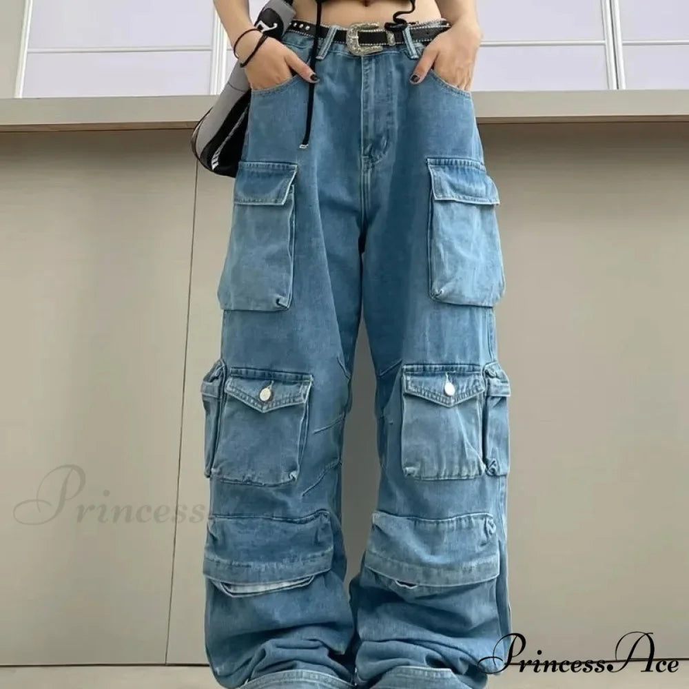 Streetwear Loose Oversized Straight-Leg Multi-Pocket Washed Cargo New Heavy Industry Y2K Vintage Jean