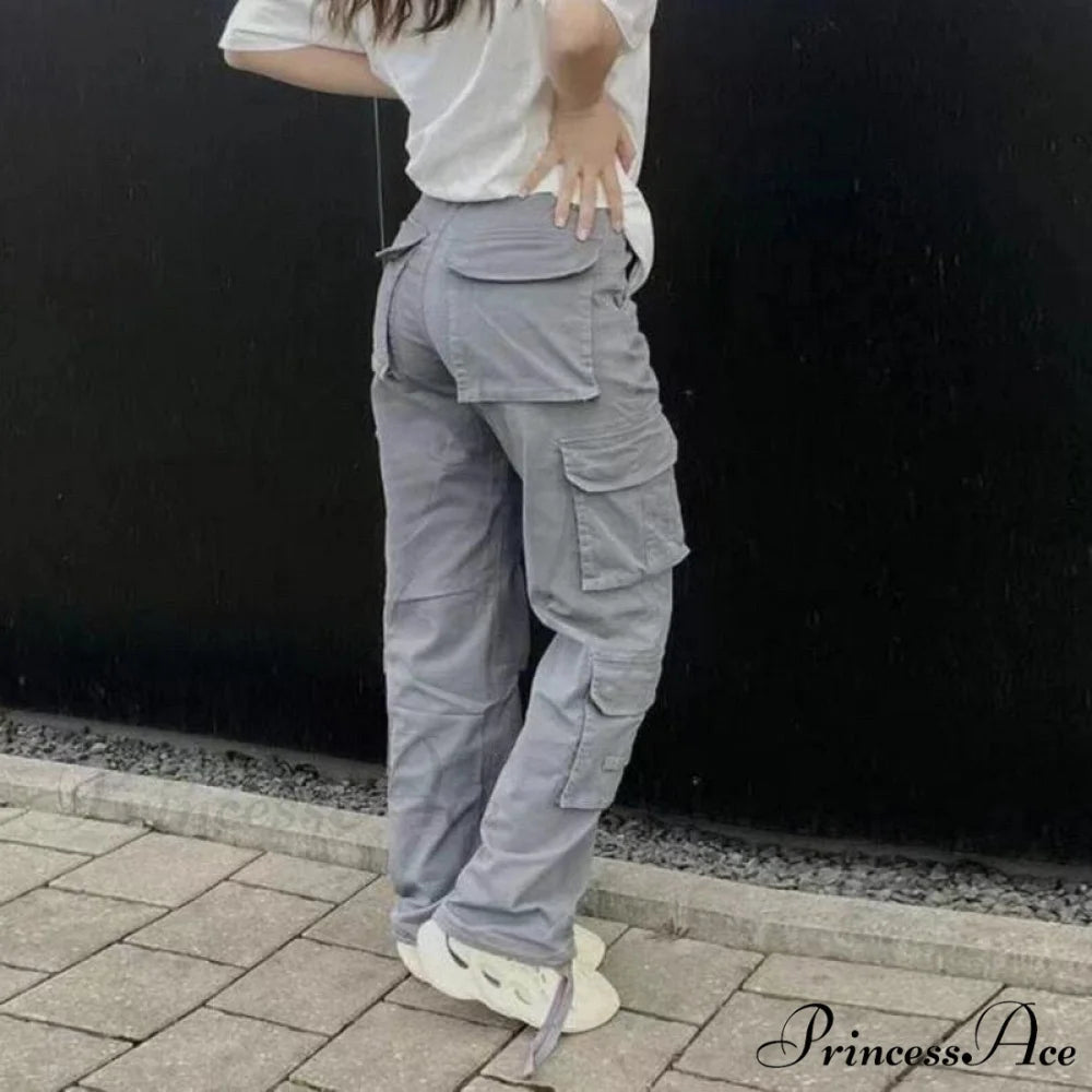 Streetwear Pockets Wide Leg High Waist Straight Trousers