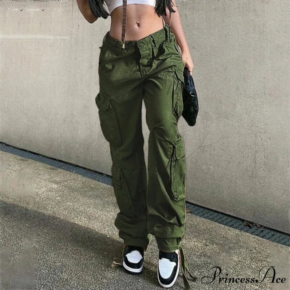 Streetwear Pockets Wide Leg High Waist Straight Trousers army green / S