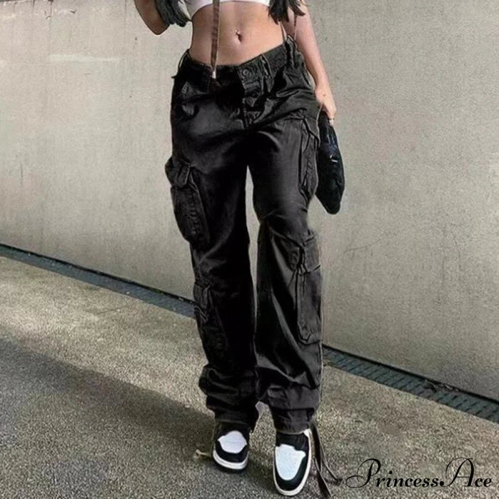 Streetwear Pockets Wide Leg High Waist Straight Trousers Black / S