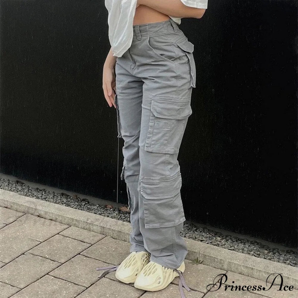 Streetwear Pockets Wide Leg High Waist Straight Trousers Grey / S