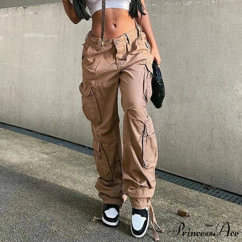 Streetwear Pockets Wide Leg High Waist Straight Trousers khaki / S