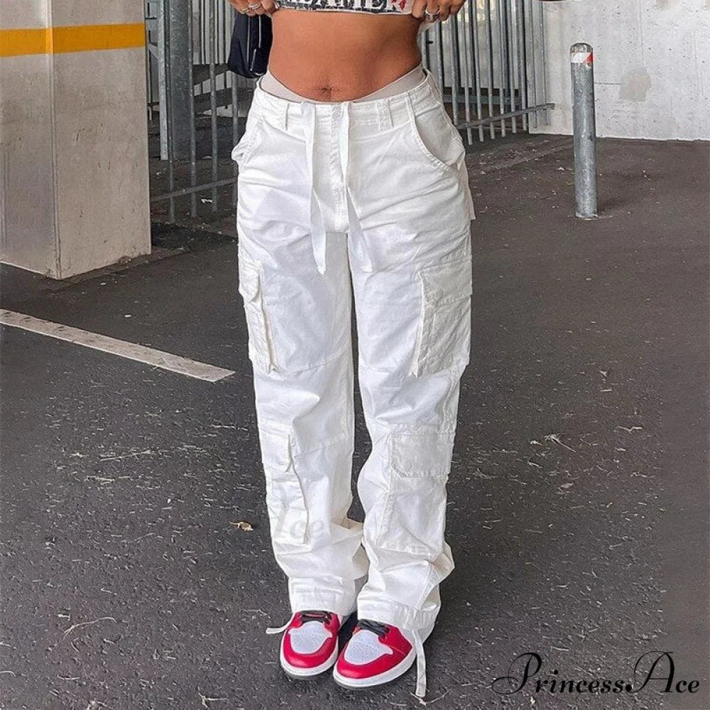 Streetwear Pockets Wide Leg High Waist Straight Trousers White / S