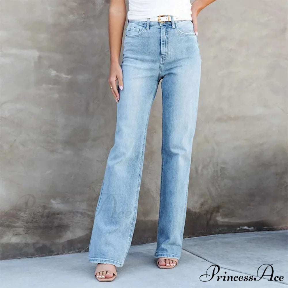 Stretch Blue High Waist Loose Wide Leg Vintage Fashionable Washed Straight Casual Jean Blue / S
