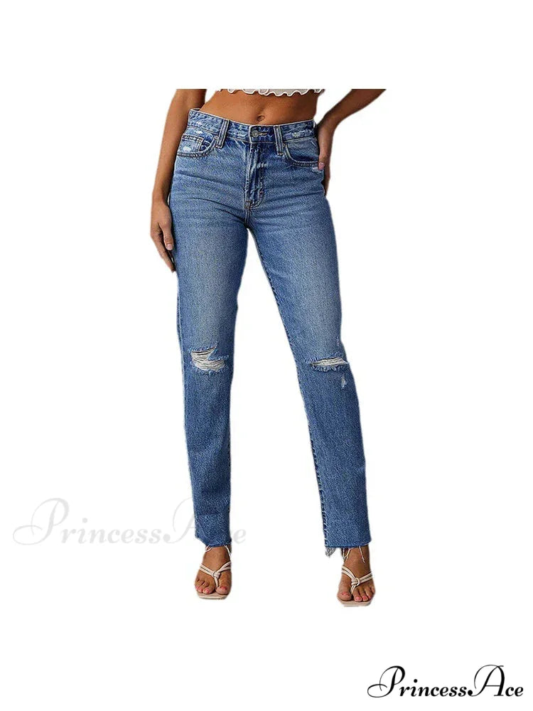 Stretch Blue High Waist Ripped Casual Fashion Streetwear Denim Jean