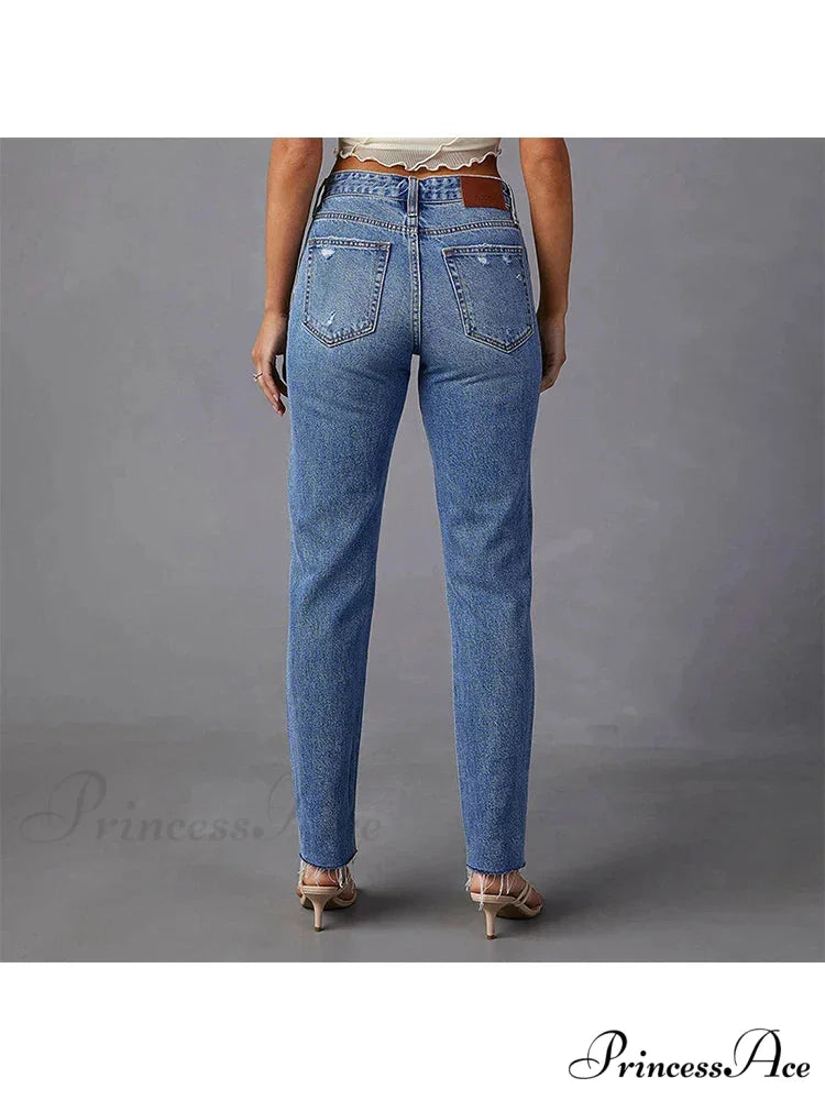 Stretch Blue High Waist Ripped Casual Fashion Streetwear Denim Jean