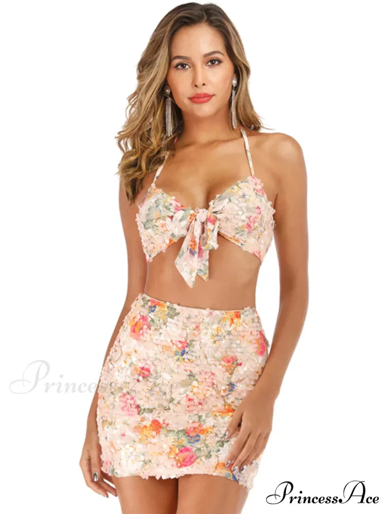 Stretch Printed Sequined Two-Piece Dress