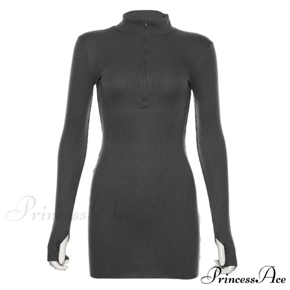 Stretch Ribbed Knitted Turtleneck Mini Dress GRAY / S