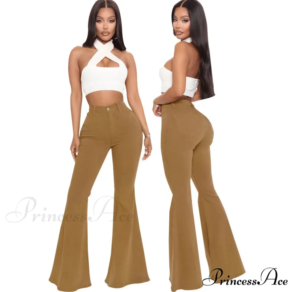 Stretch Slim Flare for Women Pink Bell Bottom 2024 High Waist Skinny Boot-cut Denim Woman Jean Brown / S