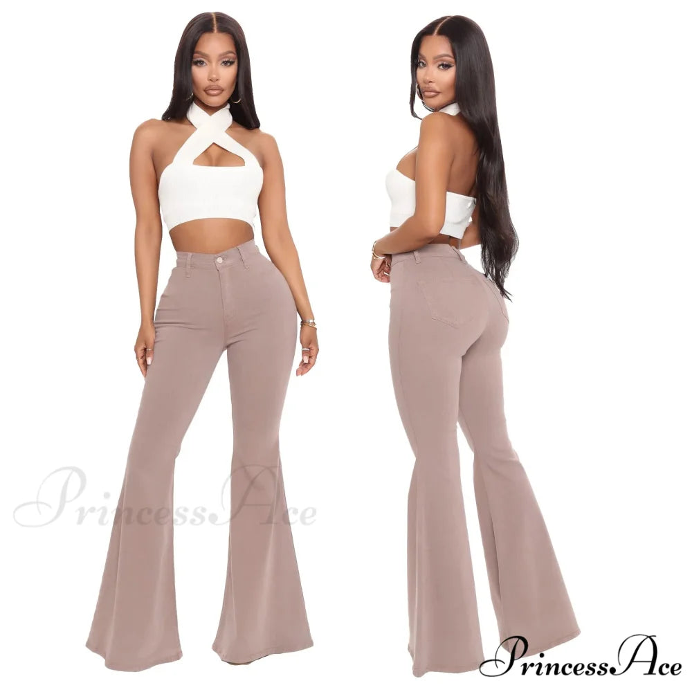 Stretch Slim Flare for Women Pink Bell Bottom 2024 High Waist Skinny Boot-cut Denim Woman Jean Mocha / S