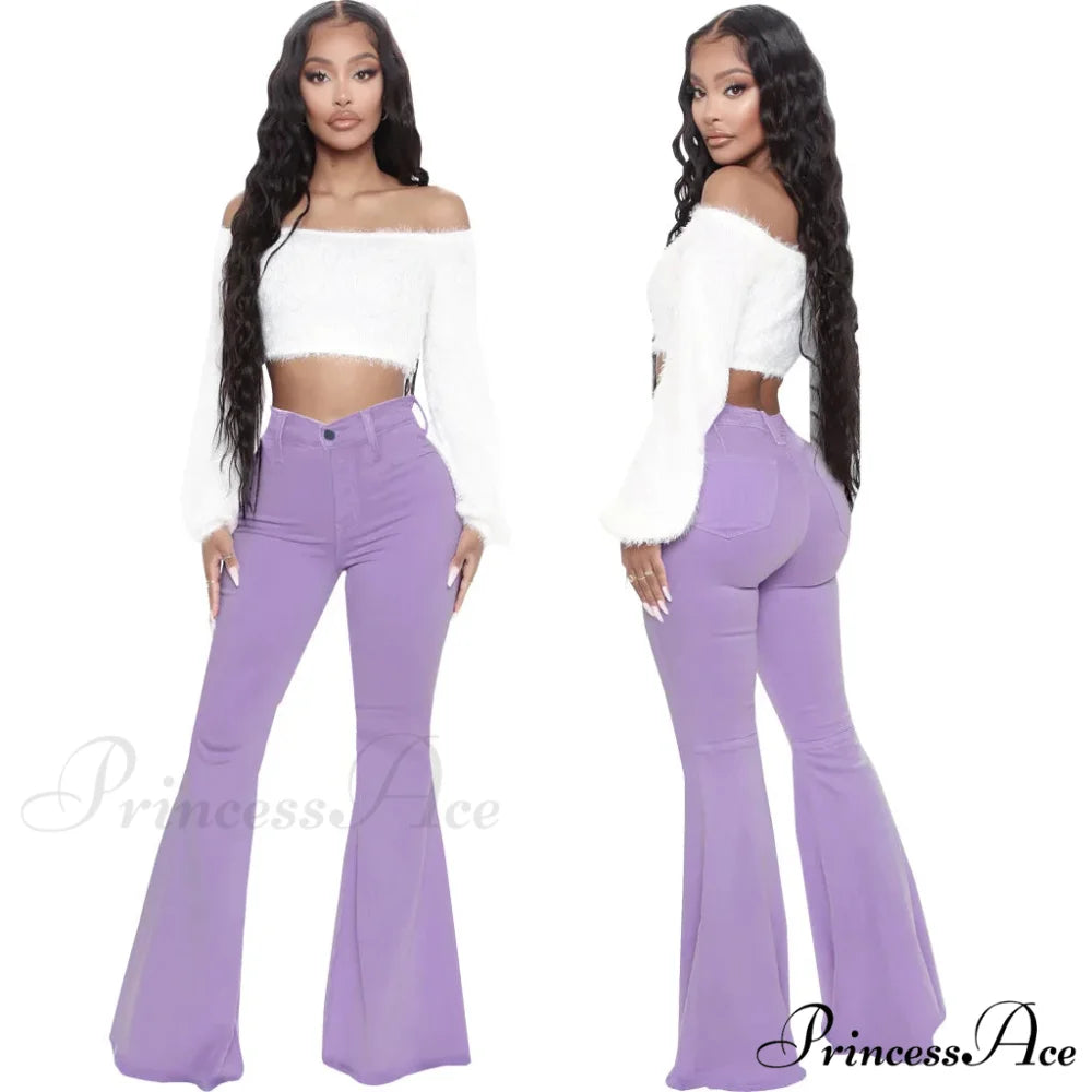 Stretch Slim Flare for Women Pink Bell Bottom 2024 High Waist Skinny Boot-cut Denim Woman Jean Purple / S