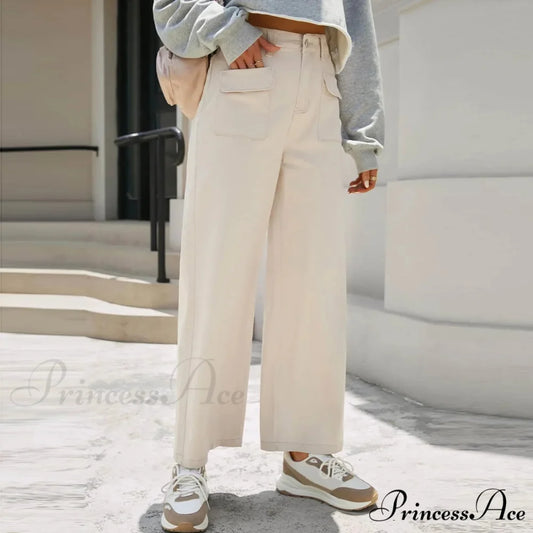 Stretch Waist Baggy Cargo Wide Leg Jeans Beige / XS