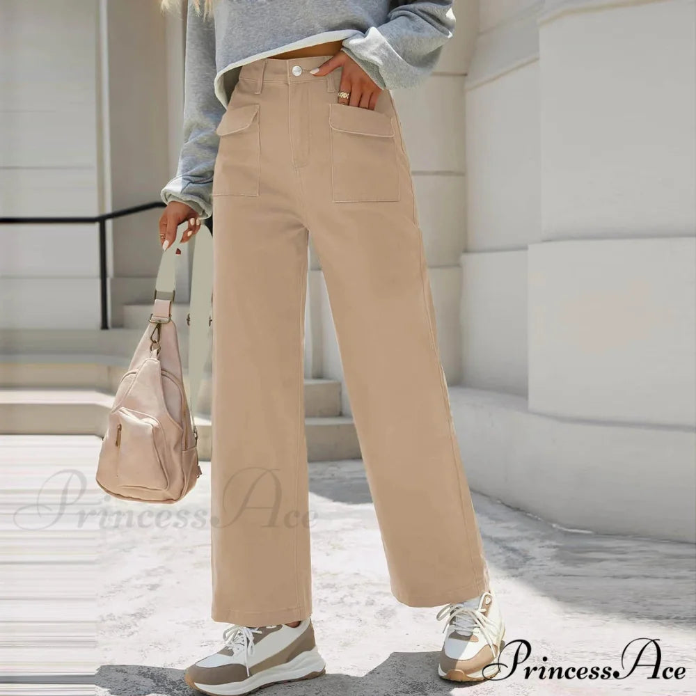 Stretch Waist Baggy Cargo Wide Leg Jeans Khaki / XS