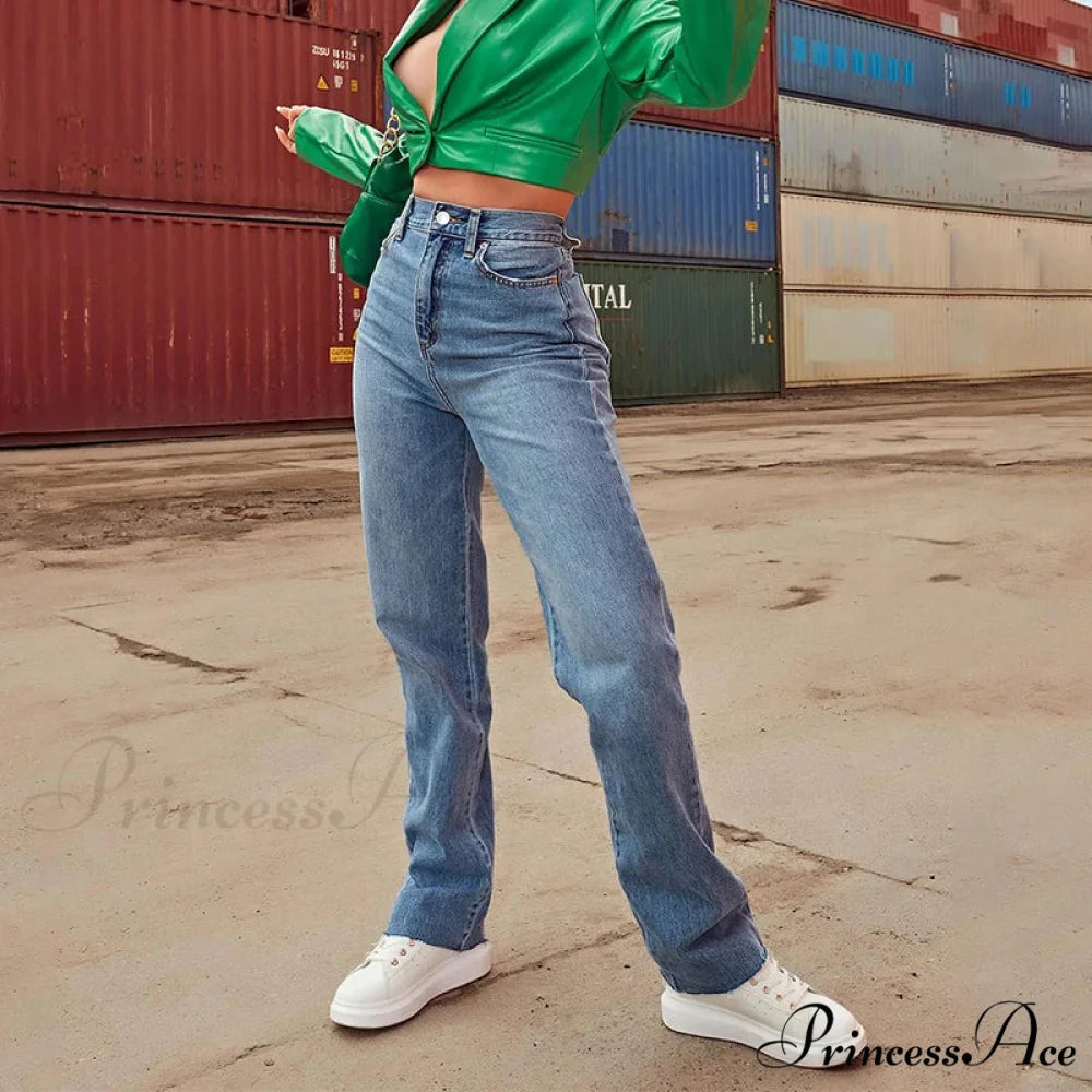 Stretch Wide Vintage Streetwear Loose Blue Washed Mom Straight Denim Jean Blue / S