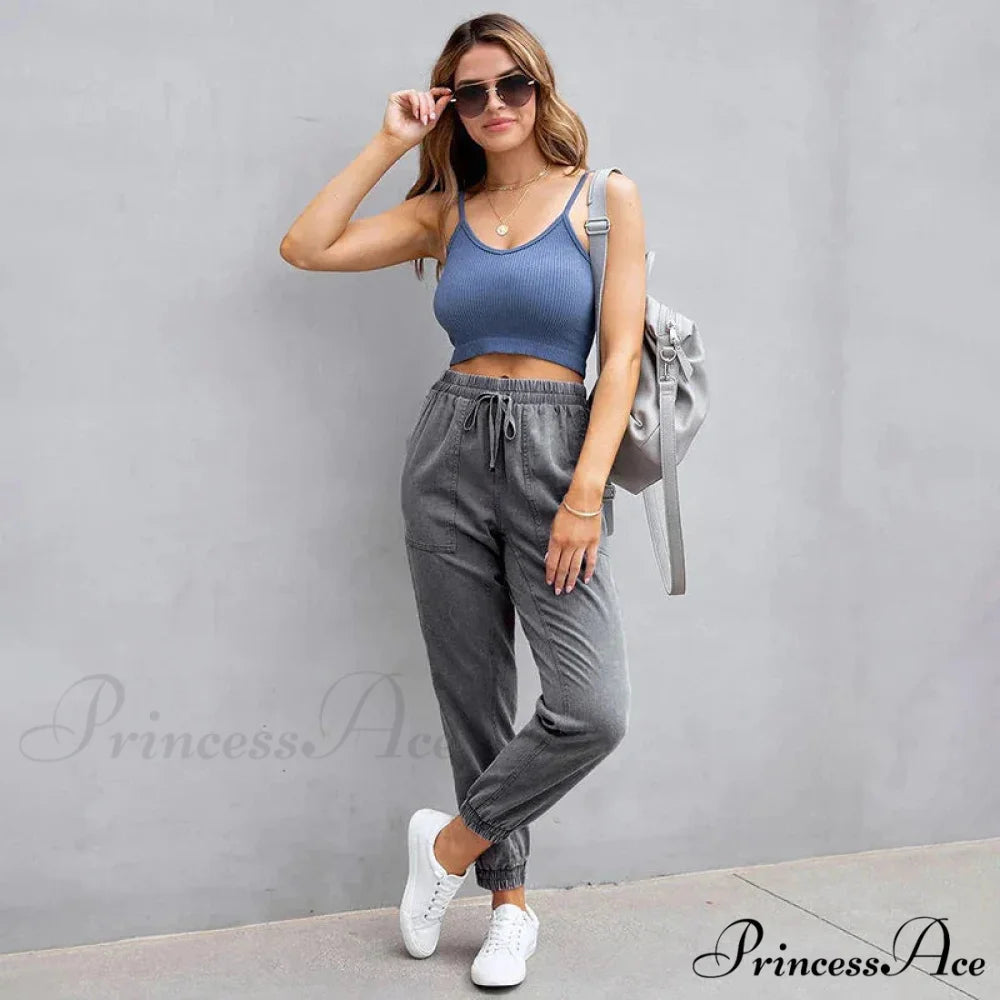 Stretch Women High Waist Wide Leg Casual Fashion Pocket Drawstring Women Clothing Mom Jean