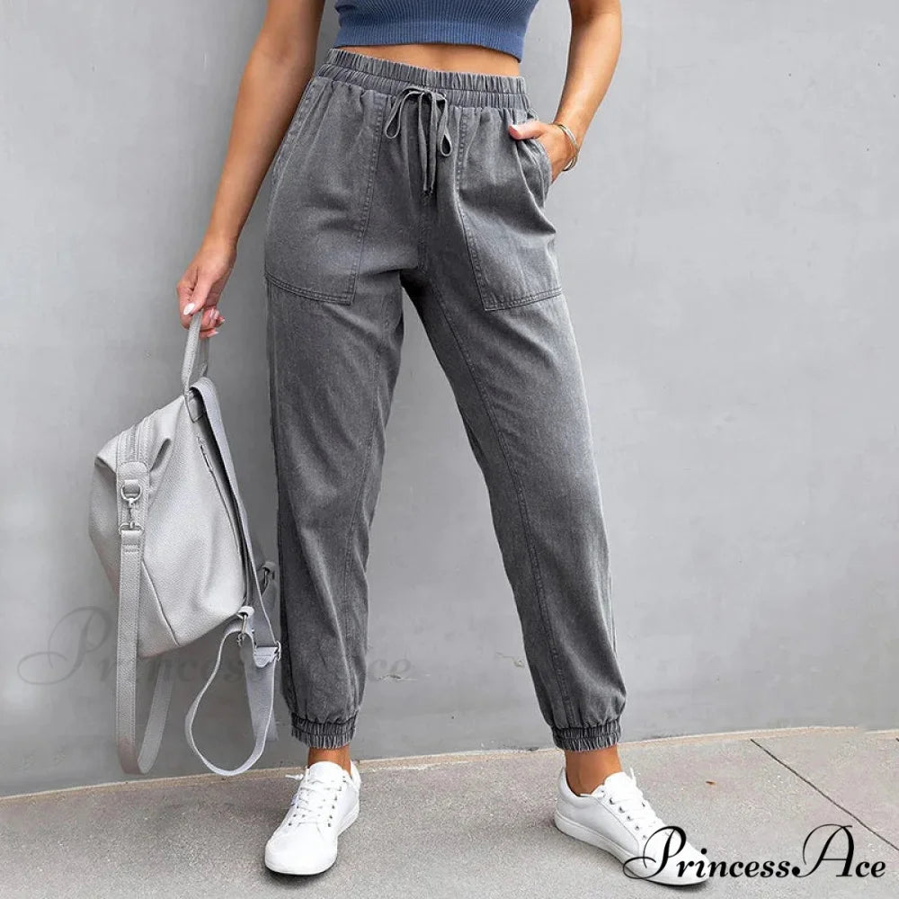 Stretch Women High Waist Wide Leg Casual Fashion Pocket Drawstring Women Clothing Mom Jean