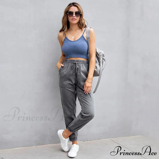 Stretch Women High Waist Wide Leg Casual Fashion Pocket Drawstring Women Clothing Mom Jean Grey / S