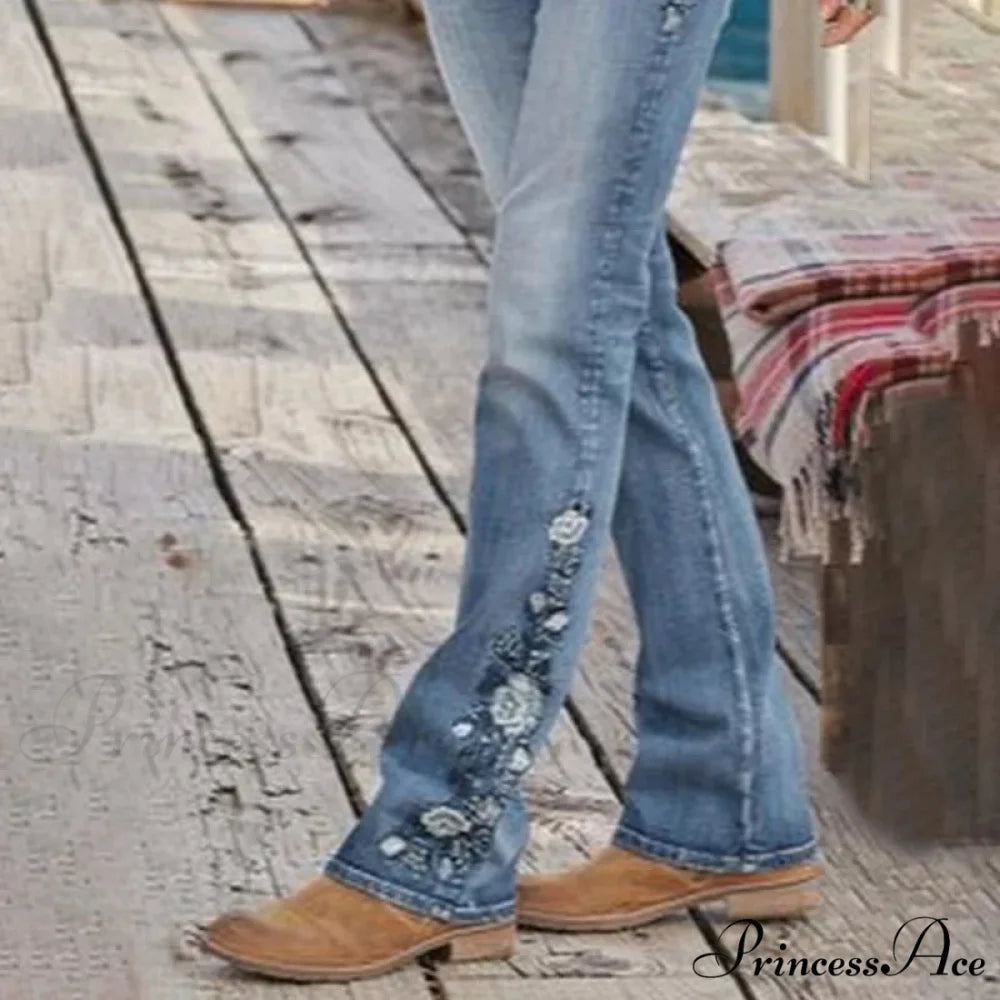 Stretch Women’s 90s Vintage Clothes Printed Denim Loose Washed Fashion Women’s Flare Blue Casual Women’s Pant Jean