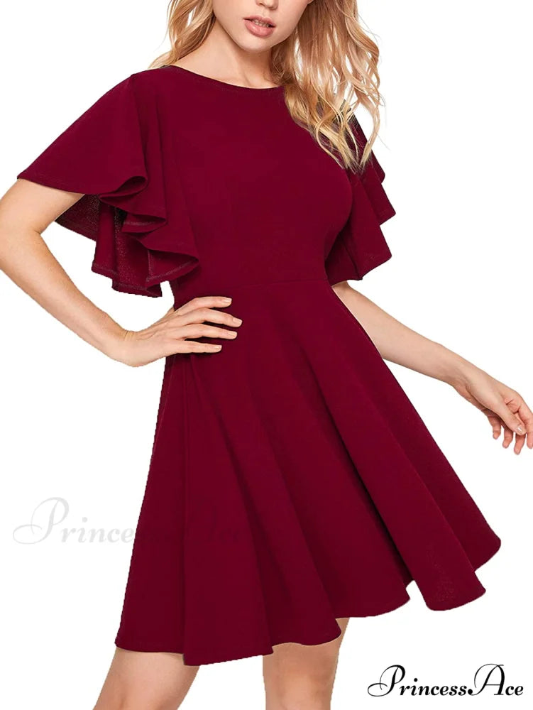 Stretchy Line Swing Flared Skater Christmas Dress Burgundy / Medium