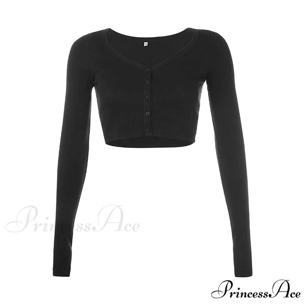 Stretchy Long Sleeve Crop Tops Cardigan black / S
