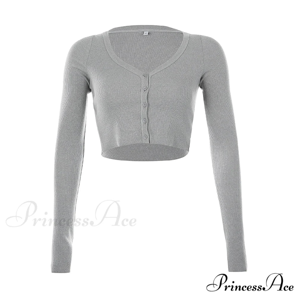 Stretchy Long Sleeve Crop Tops Cardigan gray / S