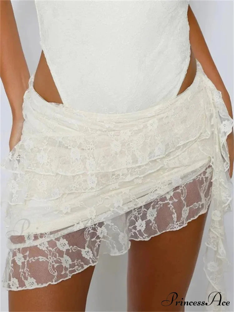 Stretchy Small Waist Lace Floral Mini Skirt Uneven Hem Skirt WHITE / S skirt-250126