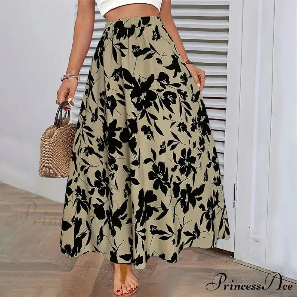 Stretchy Waist Blossoms Printed Women’s Flared Skirt Summer Sophisticated skirt-250126