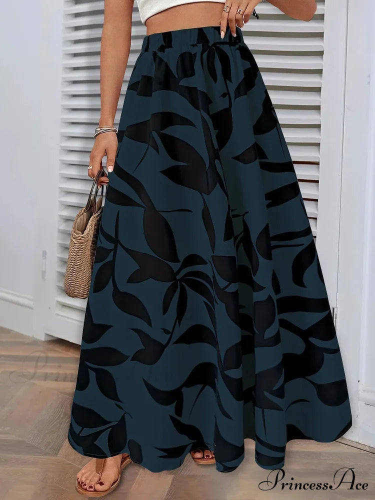 Stretchy Waist Blossoms Printed Women’s Flared Skirt Summer Sophisticated Blue / S skirt-250126