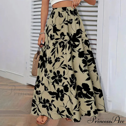 Stretchy Waist Blossoms Printed Women’s Flared Skirt Summer Sophisticated Olive Green / S skirt-250126