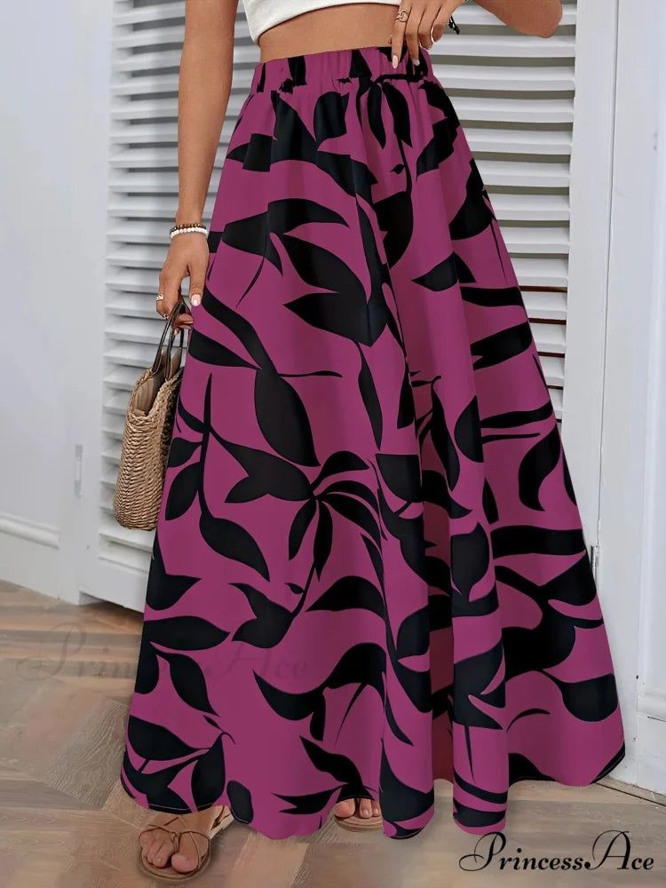 Stretchy Waist Blossoms Printed Women’s Flared Skirt Summer Sophisticated rose red / S skirt-250126