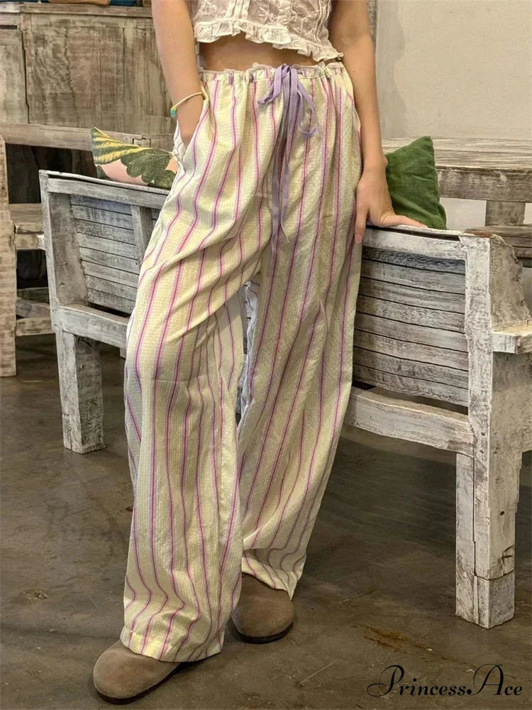 Stripe Drawstring Broad Leg Informal Sweatpant Pant Yellow / S pant-250223