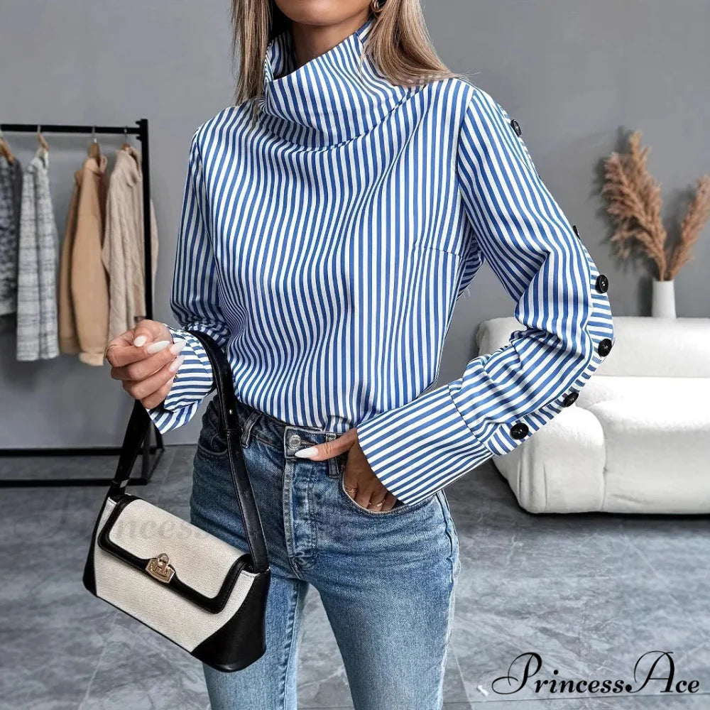Stripe Joined Button Pullover Shirt blouse-250126