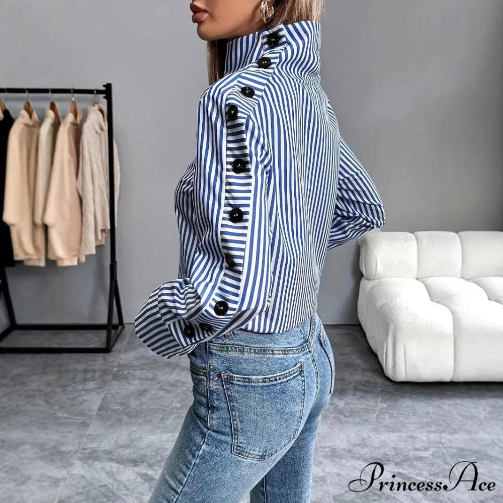 Stripe Joined Button Pullover Shirt blouse-250126