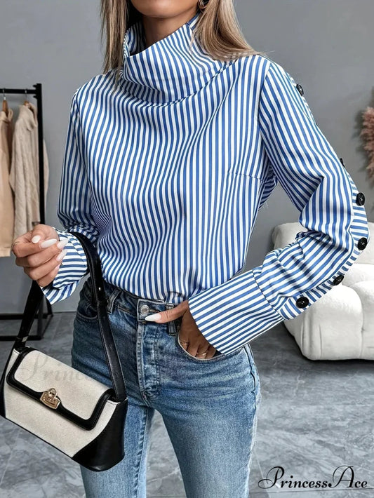 Stripe Joined Button Pullover Shirt Blue / S blouse-250126