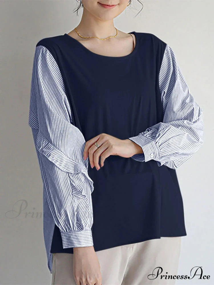 Stripe Patchwork Frilled Informal Blouse blouse-250126