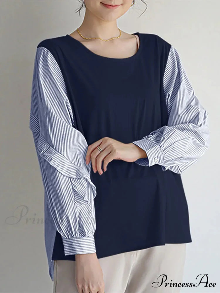 Stripe Patchwork Frilled Informal Blouse Dark Blue / S blouse-250126