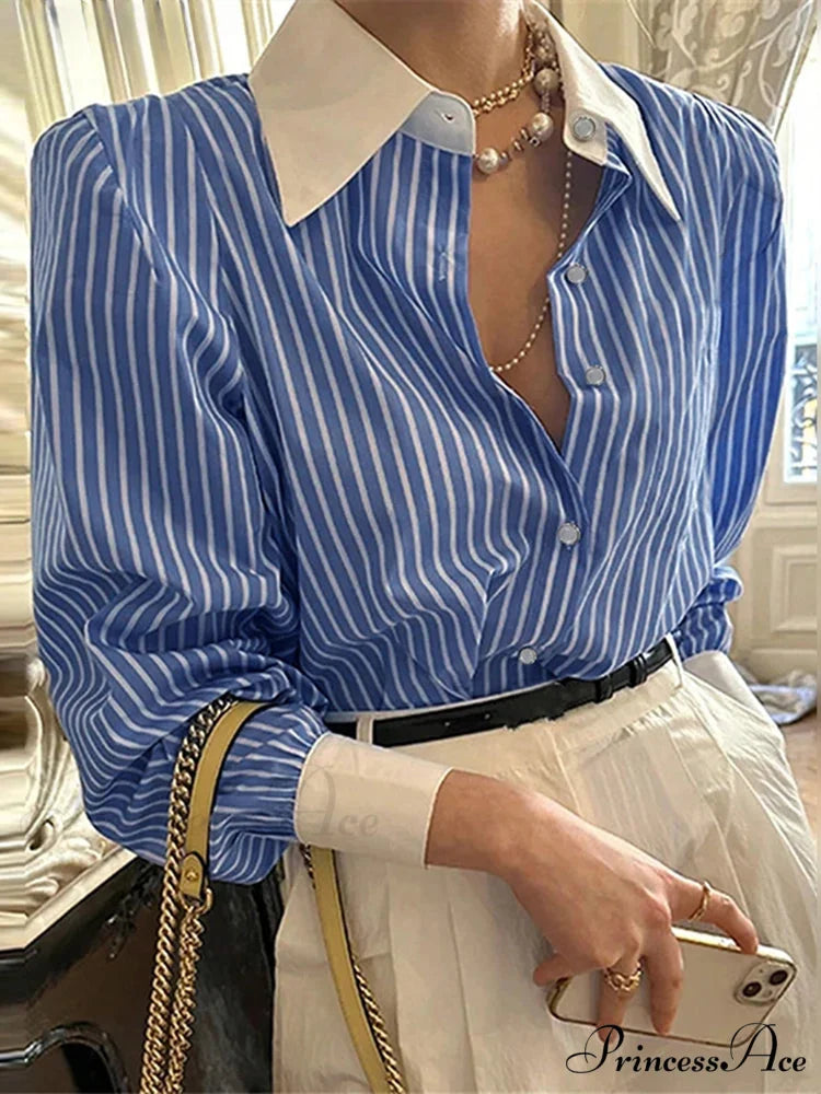 Stripe Patchwork Informal Extended Sleeve Tunic Blouse Dark Blue / S blouse-250126