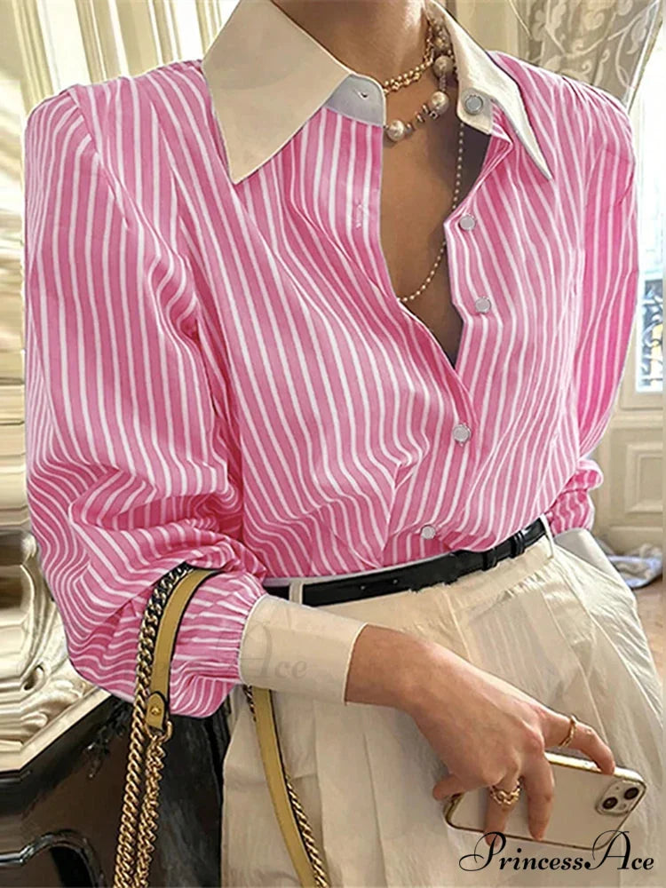 Stripe Patchwork Informal Extended Sleeve Tunic Blouse Pink / S blouse-250126