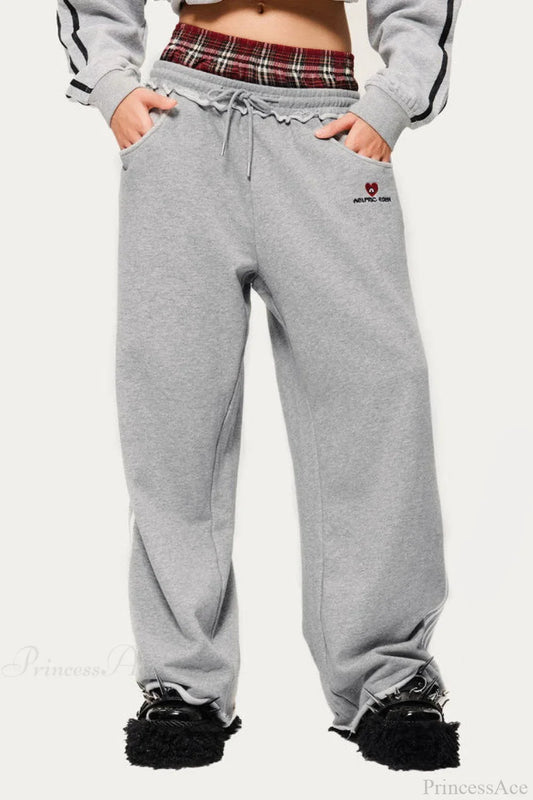 Stripe Plaid Panel Double Waist Wide Leg Pants