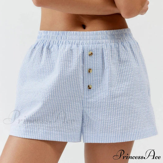 Stripe Print Pajama Boxer Elastic Waist Button Decor Straight Leg Sleeping Pants Short BLUE / S