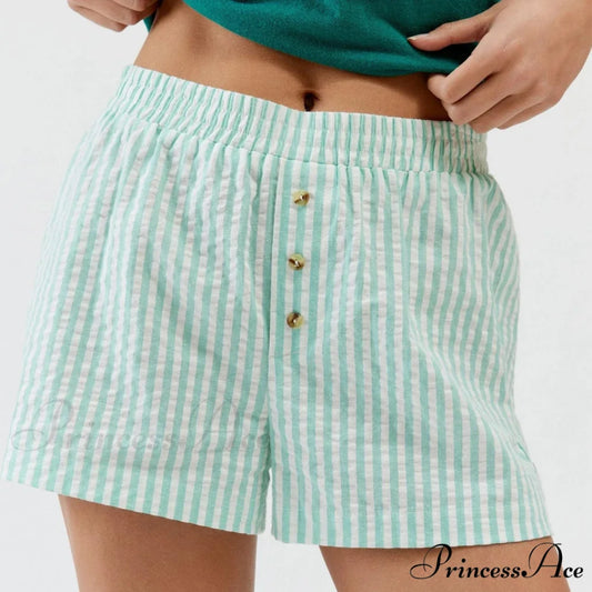 Stripe Print Pajama Boxer Elastic Waist Button Decor Straight Leg Sleeping Pants Short GREEN / S