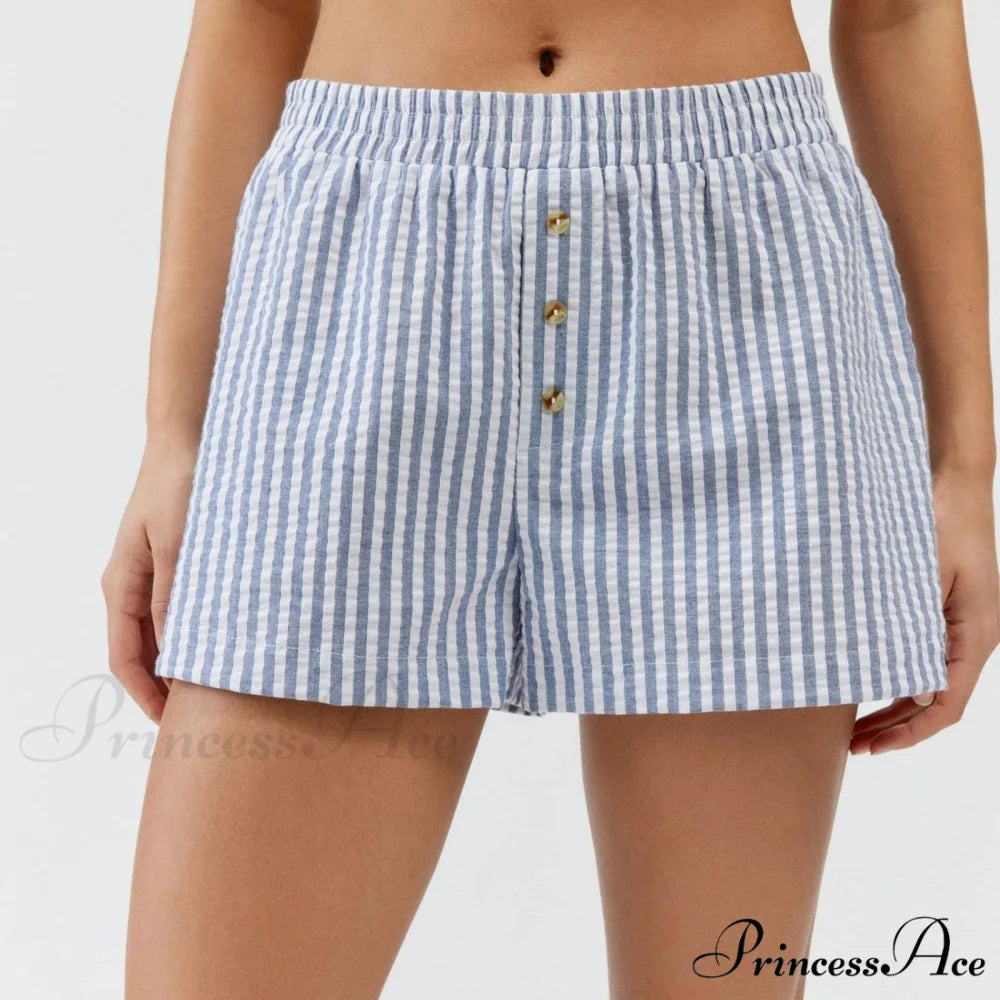 Stripe Print Pajama Boxer Elastic Waist Button Decor Straight Leg Sleeping Pants Short LIGHT BLUE / S