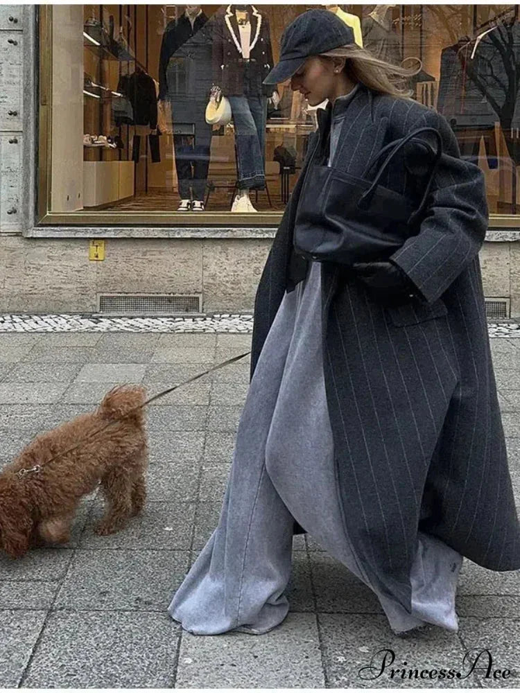 Striped Antique Baggy Collar Woolen Overcoat overcoats-241228