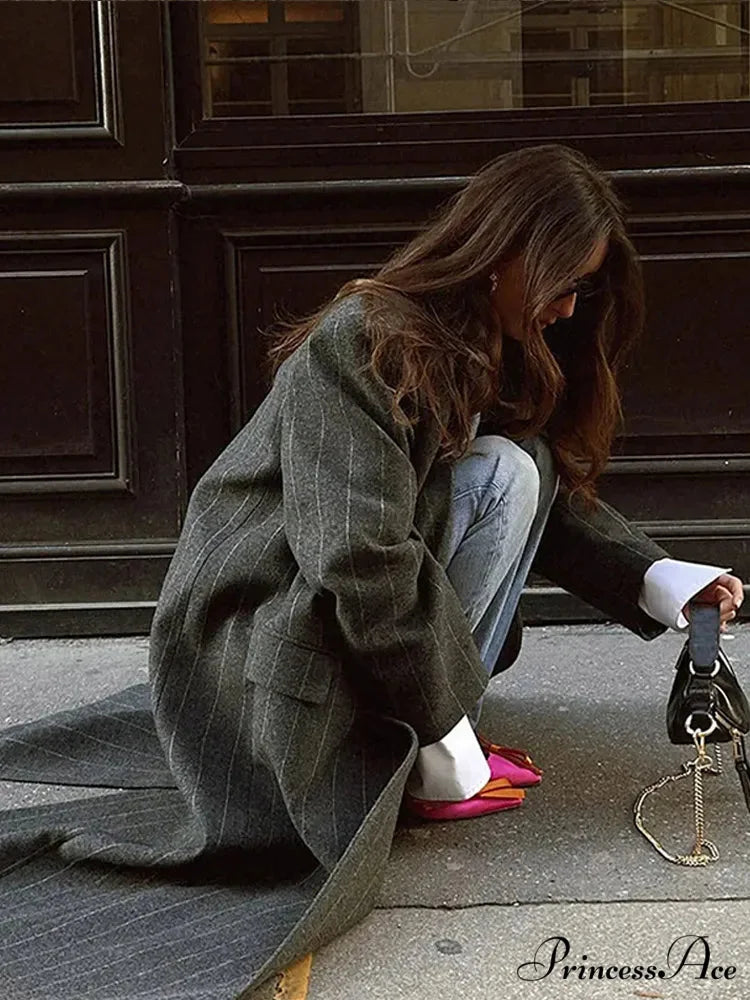 Striped Antique Baggy Collar Woolen Overcoat overcoats-241228