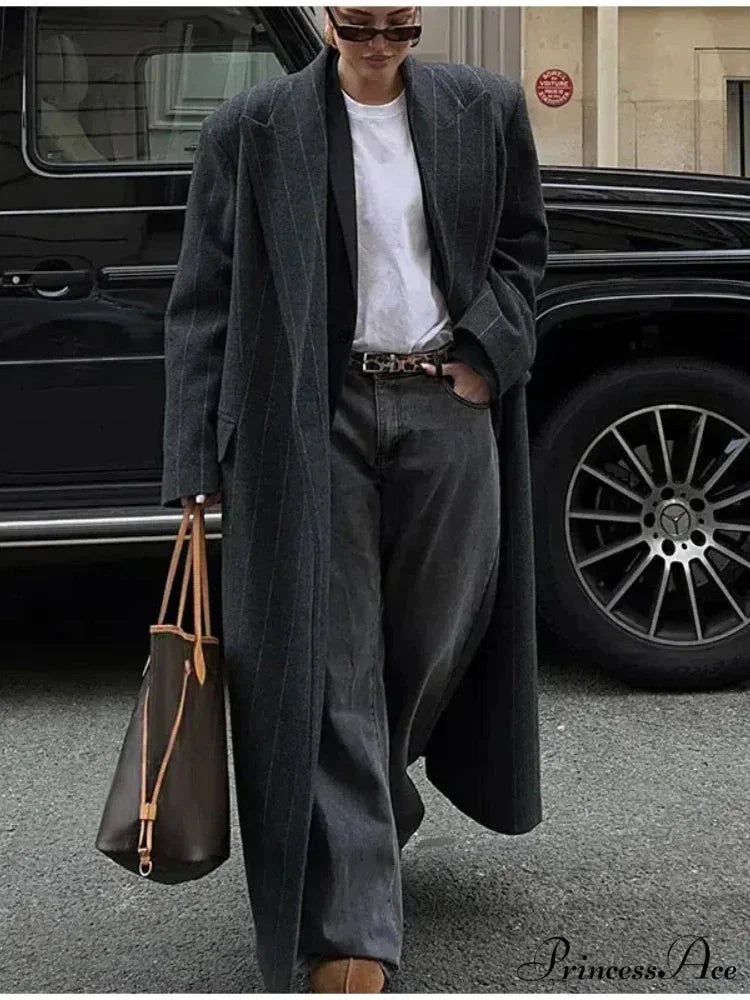 Striped Antique Baggy Collar Woolen Overcoat overcoats-241228