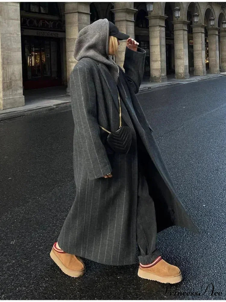 Striped Antique Baggy Collar Woolen Overcoat overcoats-241228