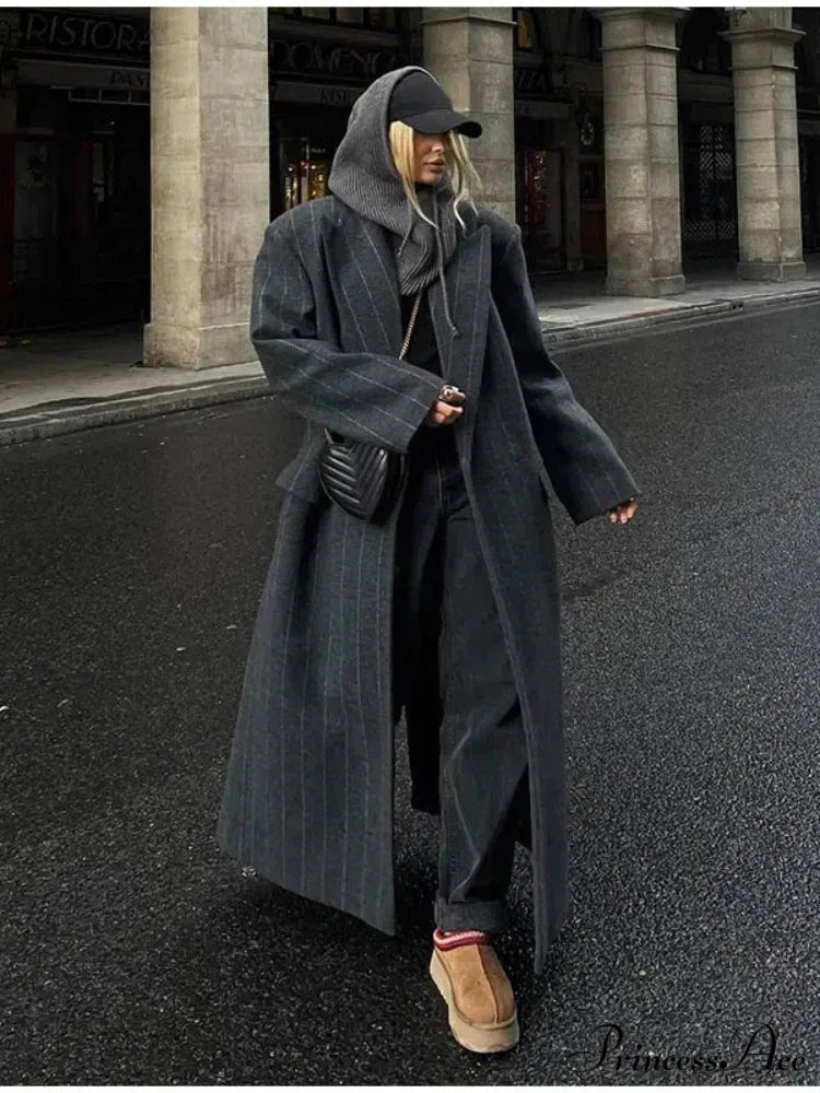 Striped Antique Baggy Collar Woolen Overcoat overcoats-241228