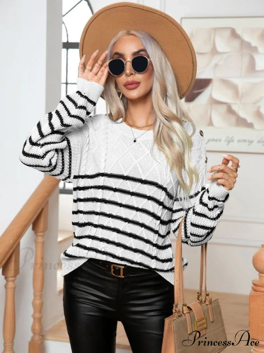 Striped Arm Casual Sweater Pullover Long for Button Women Cracker khaki / S
